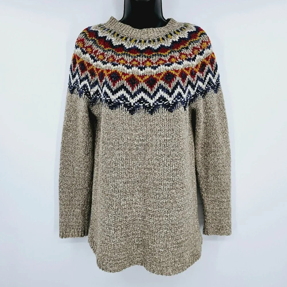 J Jill Fair Isle Sweater XS Tan Nordic Long Sleeve Open Weave Knit Fuzzy Classic